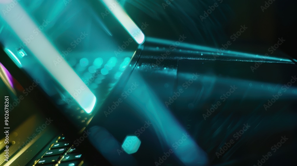 Poster smartphone casting a soft blue light on a laptop keyboard, creating a captivating scene for internet
