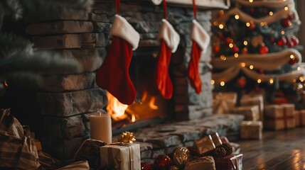 Christmas fireplace stockings gifts tree copy space