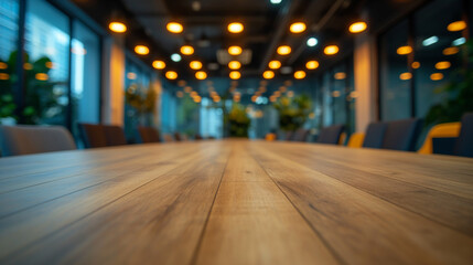 A beautifully arranged wooden conference table in a modern office setting, illuminated by warm ambient lighting, perfect for business meetings and collaborations.