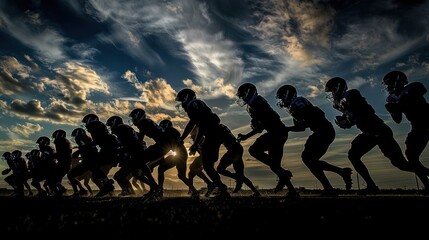 A group of football players are lined up on a field, ready to run