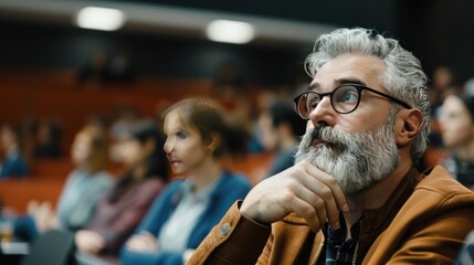 Obraz premium Philosopher stroking chin deeply while pondering a complex question during a lecture
