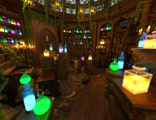 3D rendered image of the interior of a magical tree house like a wizard's hut filled with magical potions and books  