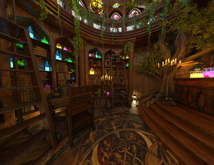 3D rendered image of the interior of a magical tree house like a wizard's hut filled with magical...