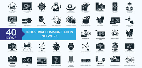 Industrial communication network icon collection set with augmented reality, distributed control, real time data, monitoring system, digital transformation © Varianicon