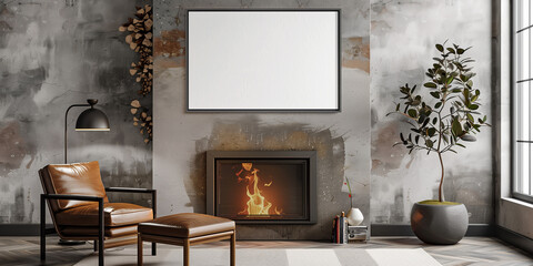 Blank white frame mockup above the fireplace in a minimalist white living room with green indoor plant