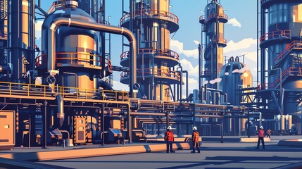 A large industrial complex with workers in safety gear, towering tanks, and intricate piping.