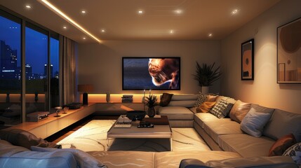 A contemporary living room with a large corner sofa