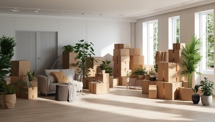 Modern living room packed with moving boxes