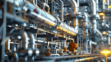Close-up of complex industrial piping and machinery in a modern factory setting.