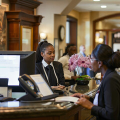 A hotel receptionist assists a guest at the front desk
