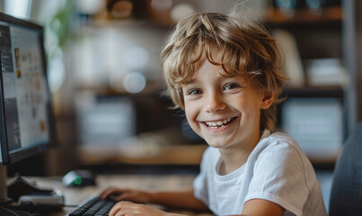 Young boy smiling at computer desk