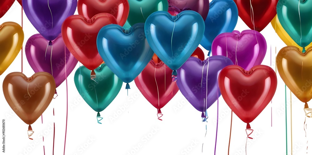 Wall mural set of various beautiful heart shaped balloons in different colours isolated on transparent backgrou