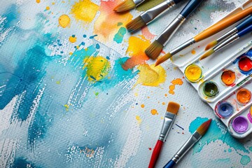 Obraz premium Paints, watercolors, brushes and other art supplies, perfect for art school online, copy space, place for text