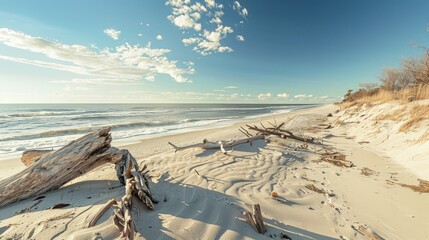 Fototapeta premium Wide Ocean View with Sand Dunes wood on Sandy Beach