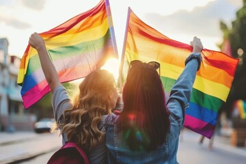 Rainbow flags on the streets of the city. A concept calling on all people to support and respect gender diversity, the movement for equality of the LGBT community