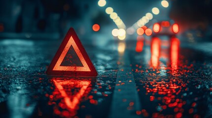 Warning triangle on wet road at night with car lights in background.