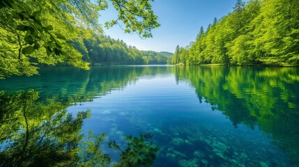 Peaceful lake with clear water reflecting a dense, green forest and blue sky.