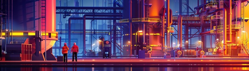 Fototapeta premium Silhouettes of people stand before an illuminated industrial complex.