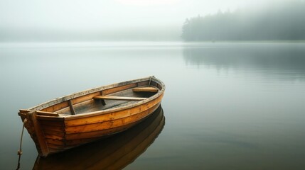 Obraz premium Solitary row boat floating on a calm, foggy lake in the morning.