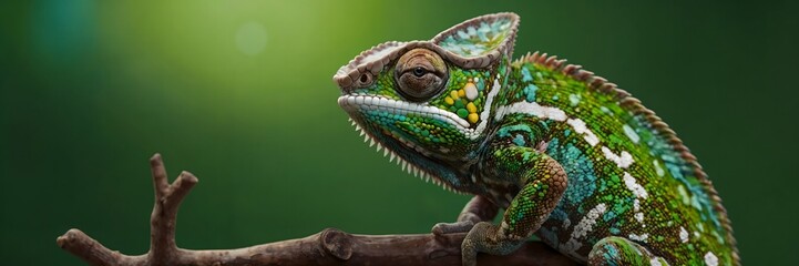 Fototapeta premium Vibrant Chameleon Perched on Branch: Colorful Reptile Against Lush Green Background