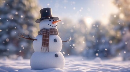 Obraz premium Cheerful Snowman with Scarf in Winter Wonderland.