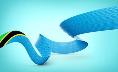 Flag Of Tanzania Shiny Waving Tanzania Ribbon Flag Isolated On Blue Background 3d Illustration