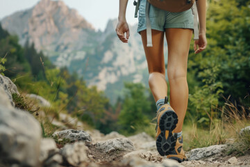 Close-up of slender legs of a young woman in hiking boots. A tourist goes hiking in the mountains. The concept of travel and a healthy lifestyle.