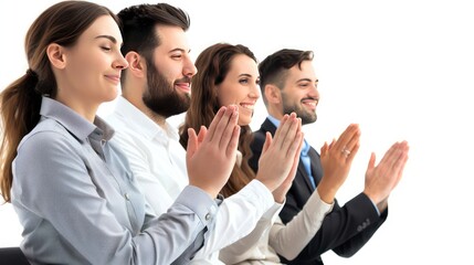 Business team clapping hands at the end of a productive meeting, acknowledging team efforts isolated white background 