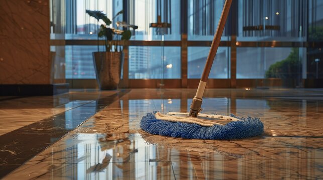 a mop in use, ensuring thorough cleanliness on the marble floor of a corporate lobby