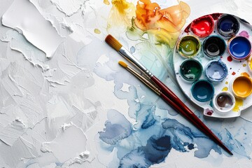 Naklejka premium Paints, watercolors, brushes and other art supplies, perfect for art school online, copy space, place for text