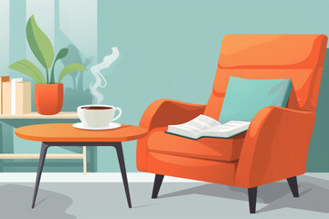 A coffee table with an open book and a cup of hot drink, located next to an armchair in a flat vector cartoon style.