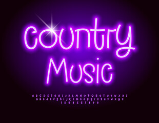 Vector artistic poster Country Music. Funny Neon Font. Glowing Playful Alphabet Letters and Numbers set.