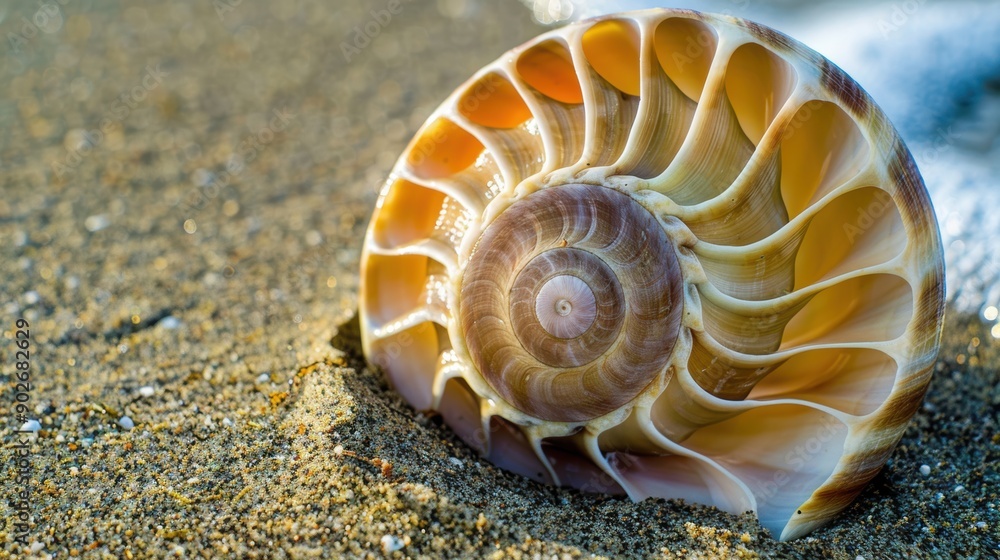 Poster empty nautilus shell with its intricate spiral pattern is lying on the beach sand