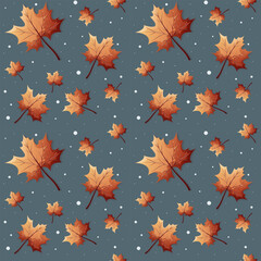 Autumn snow pattern with falling leaves. Dark background, vector illustration.