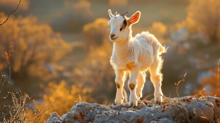 A baby goat standing on a rock, morning sunlight