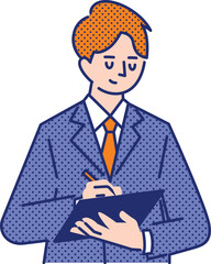 手に持ったバインダーに何かしらを書き込んでいるスーツ姿の男性