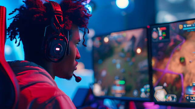 Young man focused on computer screen, competing in esports tournament surrounded by gaming equipment.