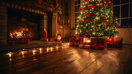 Christmas tree and christmas gift boxes in interior with fireplace