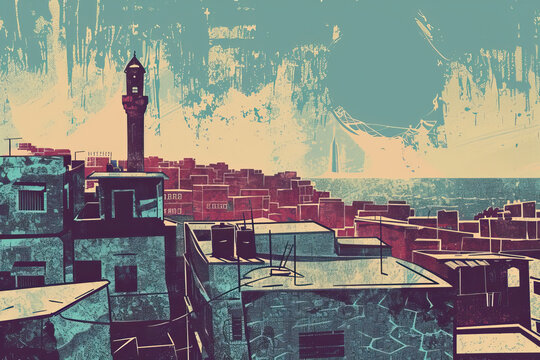 Risograph current riso print travel poster, card, wallpaper or banner illustration, modern, isolated, clear, simple of Latakia, Syria. Artistic, screen printing, stencil