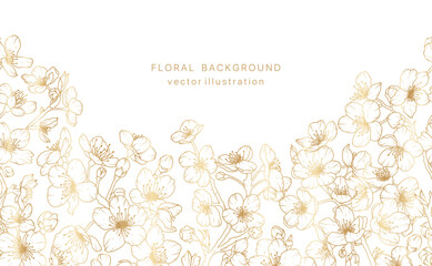 Gold sakura flower hand drawn background. Floral cherry blossom japanese plant leaf golden frame design. Spring vintage bouquet luxury pattern. Vector illustration nature summer card © madiwaso