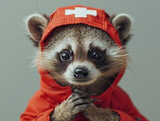 Raccoon Dressed in Bright Red Jacket With White Cross in Studio Setting