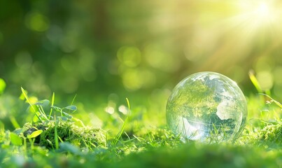 A crystal globe reflecting the lush greenery around it, symbolizing environmental purity and the beauty of nature, with rays of sunlight shining through.