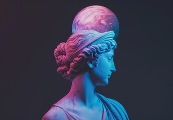 A white Greek statue with a pink and blue ombre sphere moon behind of her head, against a simple black background, in the style of vaporwave aesthetic.