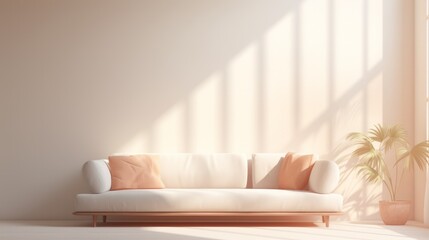 Modern minimalistic living room interior with peach color sofa and empty wall. Neural network ai generated art