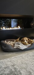 pies rasy beagle śpi na swoim posłaniu nieopodal kominka
