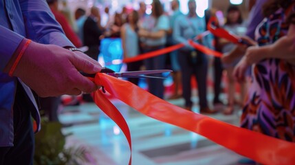 Manager wielding scissors to cut red ribbon at corporate event opening ceremony