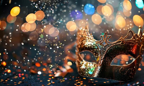Decorative masquerade mask with vibrant bokeh lights, festive atmosphere, celebratory confetti