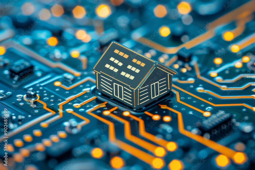 Poster high tech circuit board with a house icon representing digital connectivity and smart home technolog