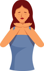 Woman with a blue shirt and red hair is holding her chin