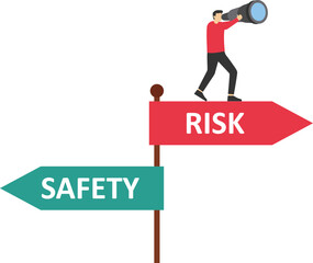 Signpost. Businessmen confidently chooses to risk to the future. Signpost pointing to different directions - safety and risk. Modern vector illustration flat design

